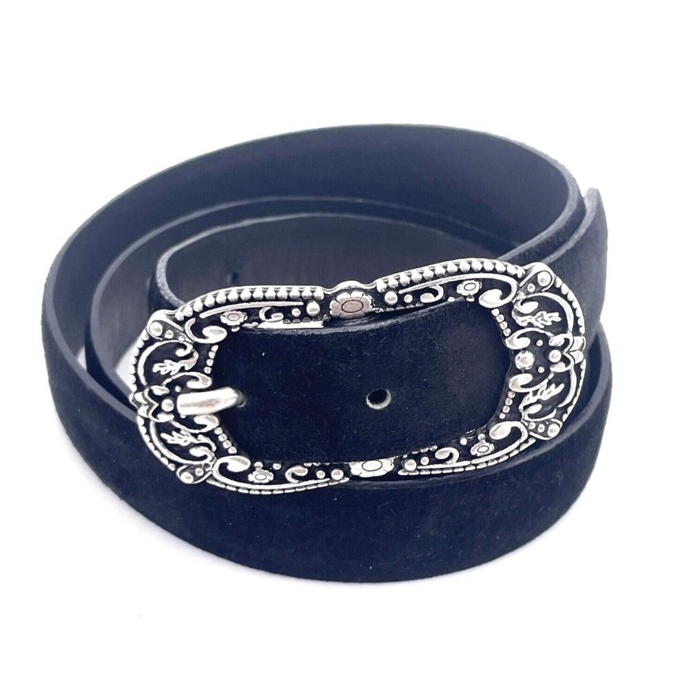 Landes Women Genuine Suede Black Belt Adjustable Floral Silver Tone Buckle Large